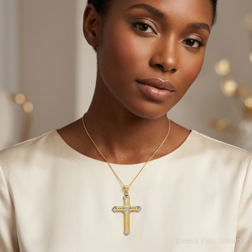14K And Rhodium Greek Key Cross Pendant - Model Shot