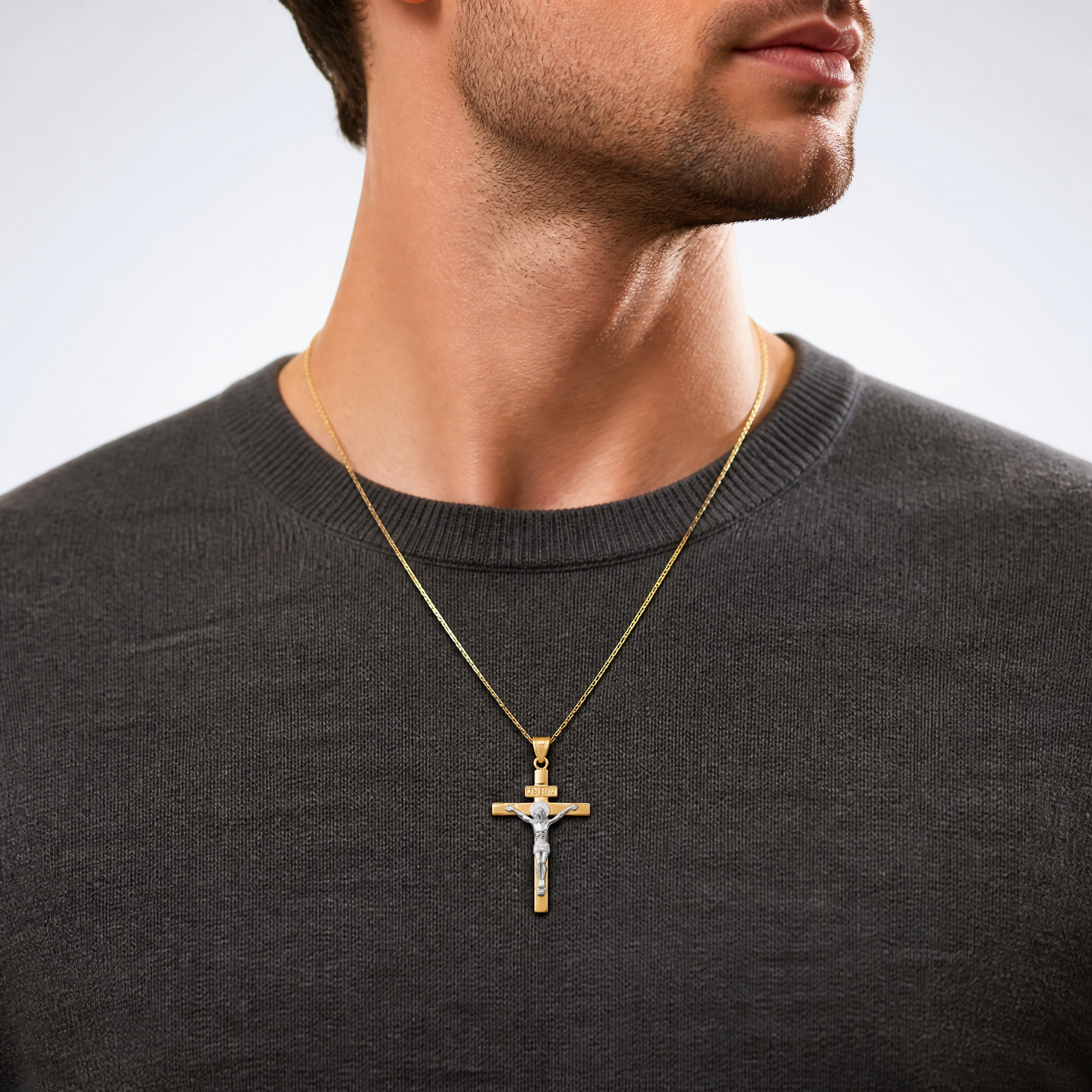 14K Two-tone INRI Crucifix Pendant - Model Shot