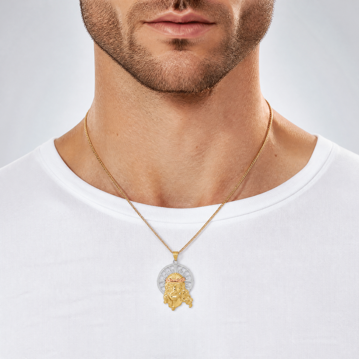14K Tri-color Diamond-cut Christ Pendant - Model Shot