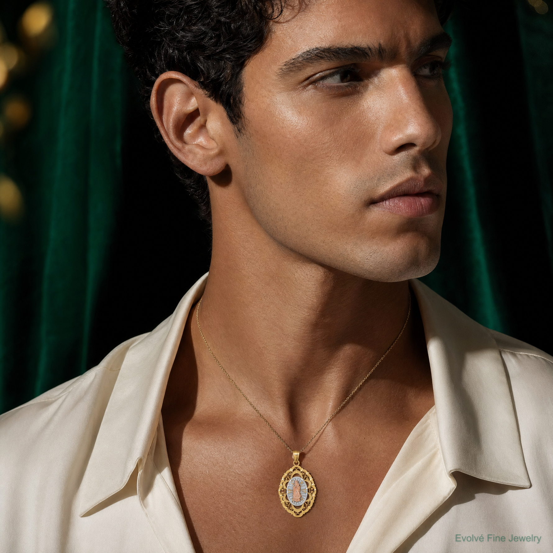 14k Tri-color Our Lady of Guadalupe Pendant - Model Shot