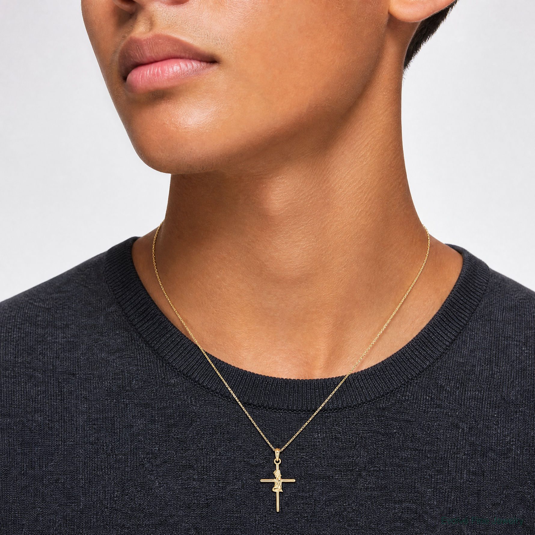 14k Praying Boy Cross Charm - Model Shot