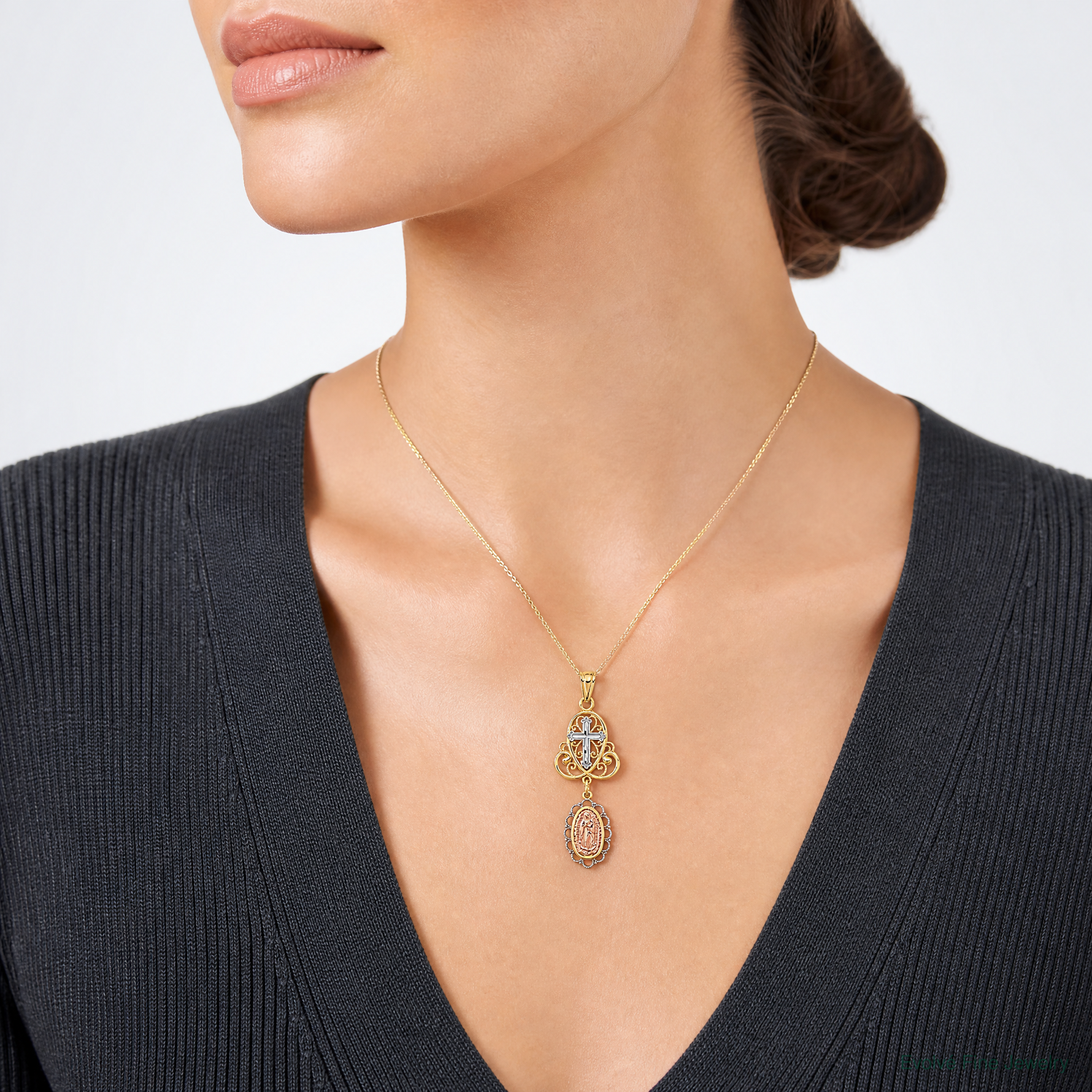 14K Two-Tone w/White Rhodium Lady Guadalupe Cross Pendant - Model Shot