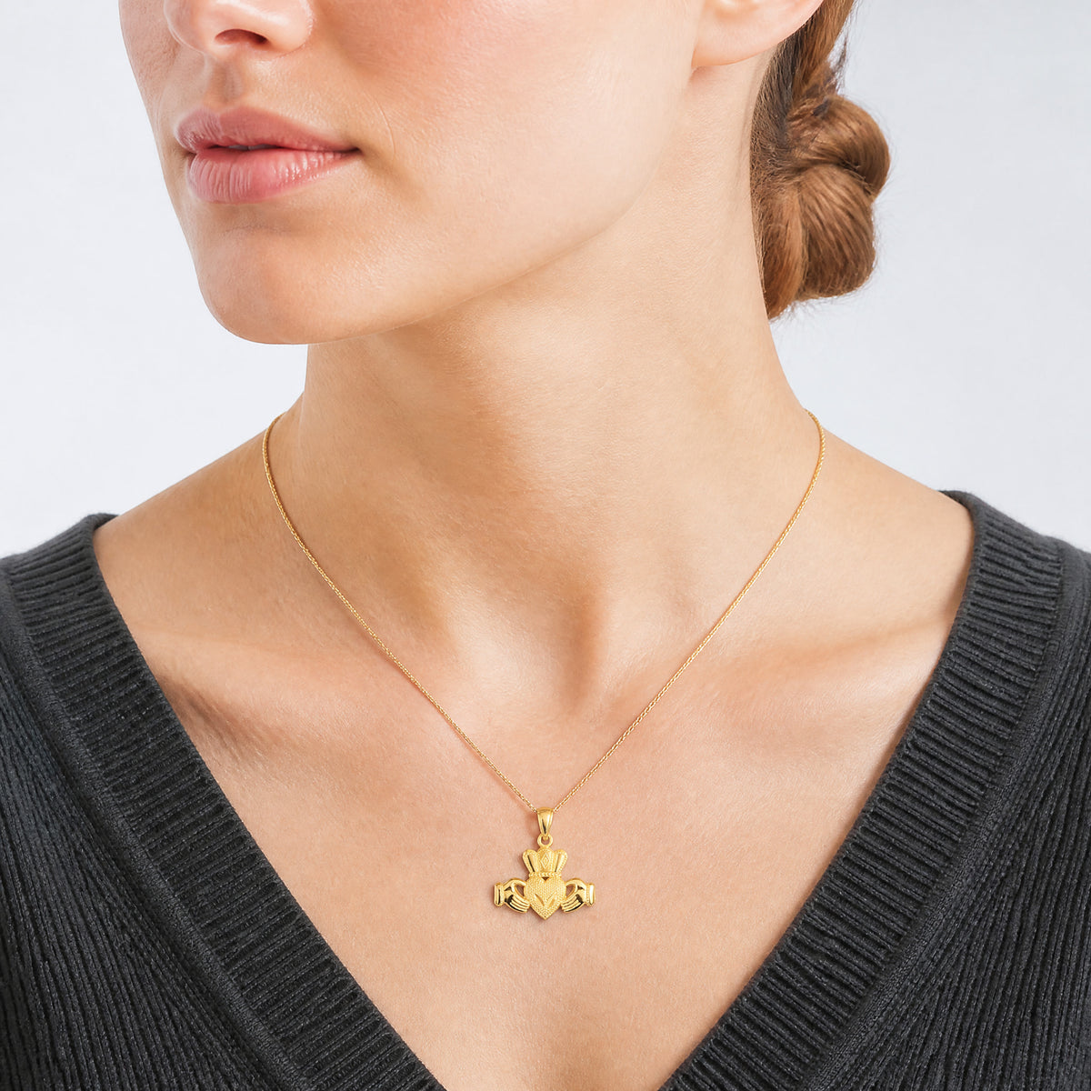 14k Polished/Textured Claddagh Pendant - Model Shot