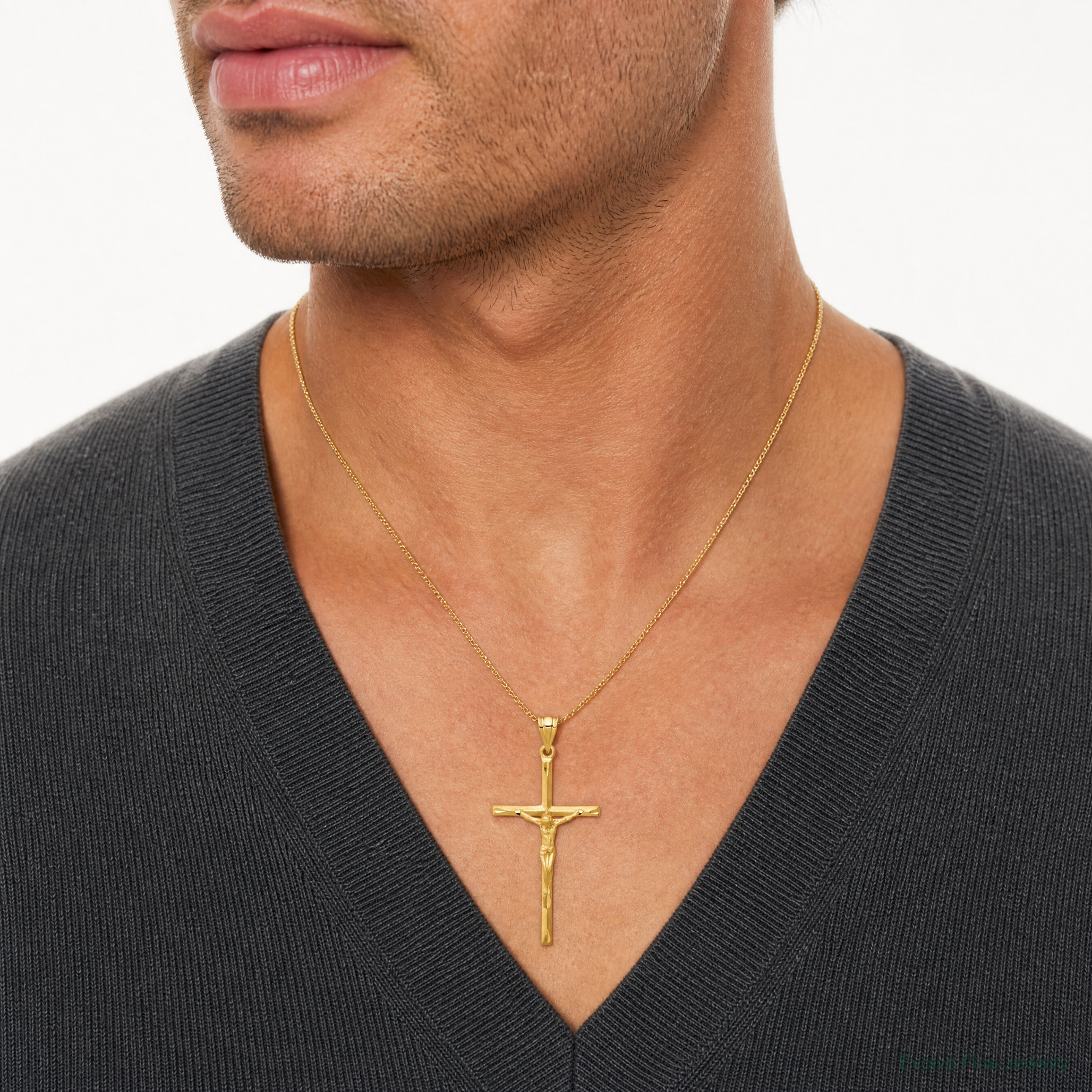 14K Brushed & Diamond-cut Crucifix Cross Pendant - Model Shot