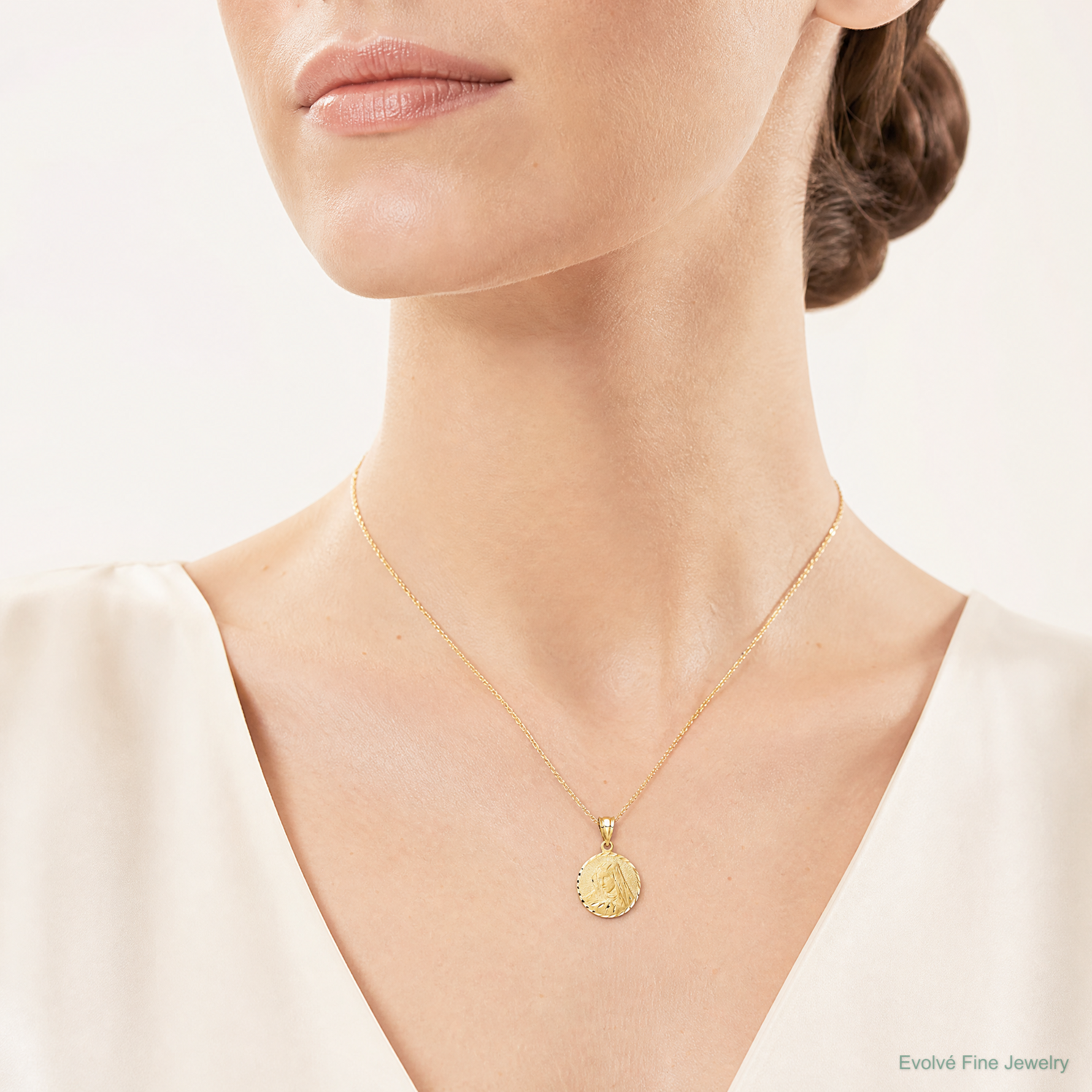 14K Brushed Diamond-Cut Virgin Mary Pendant - Model Shot