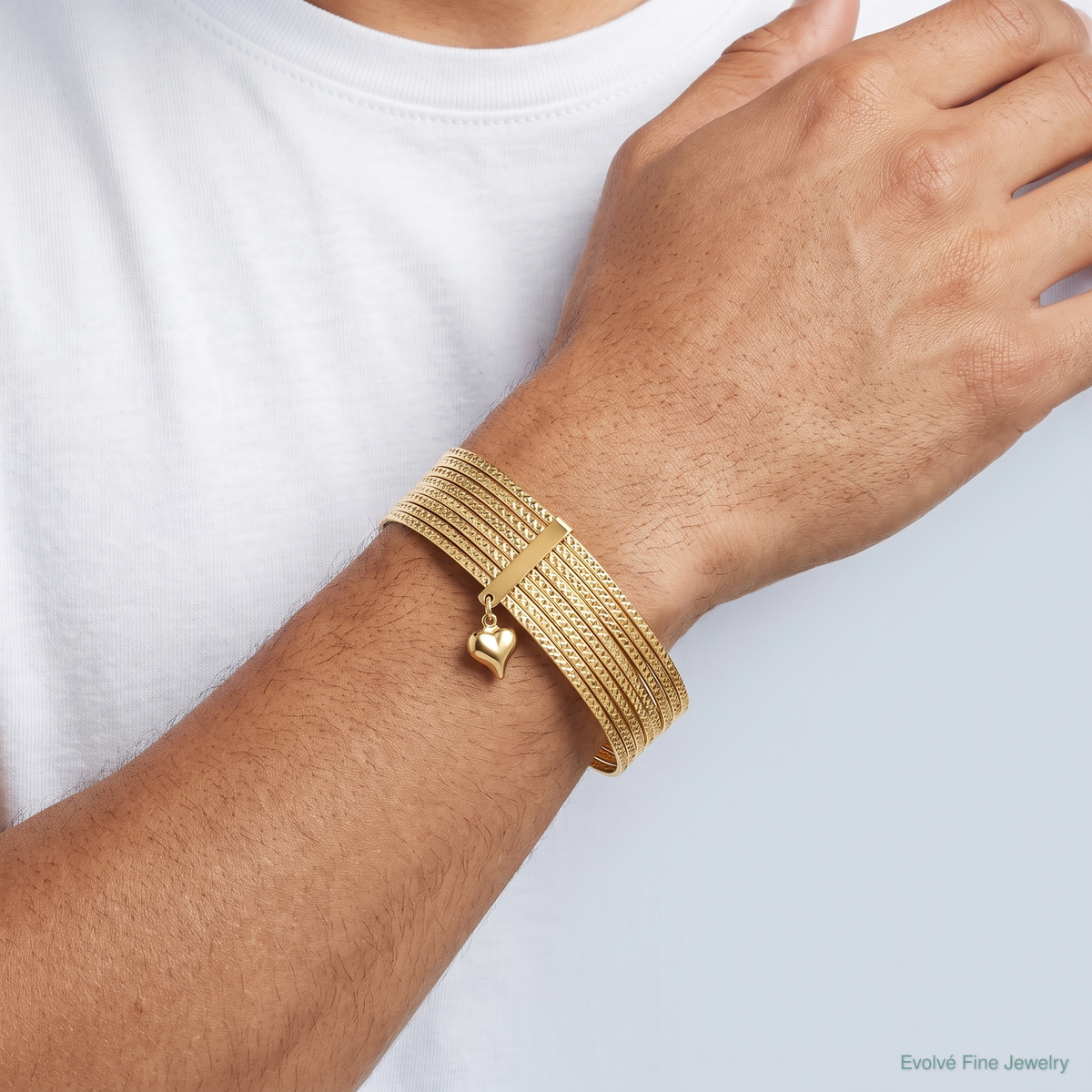 14K Oversized w/ Dangle Heart Set of 7 Slip-on Textured Bangles - Model Shot