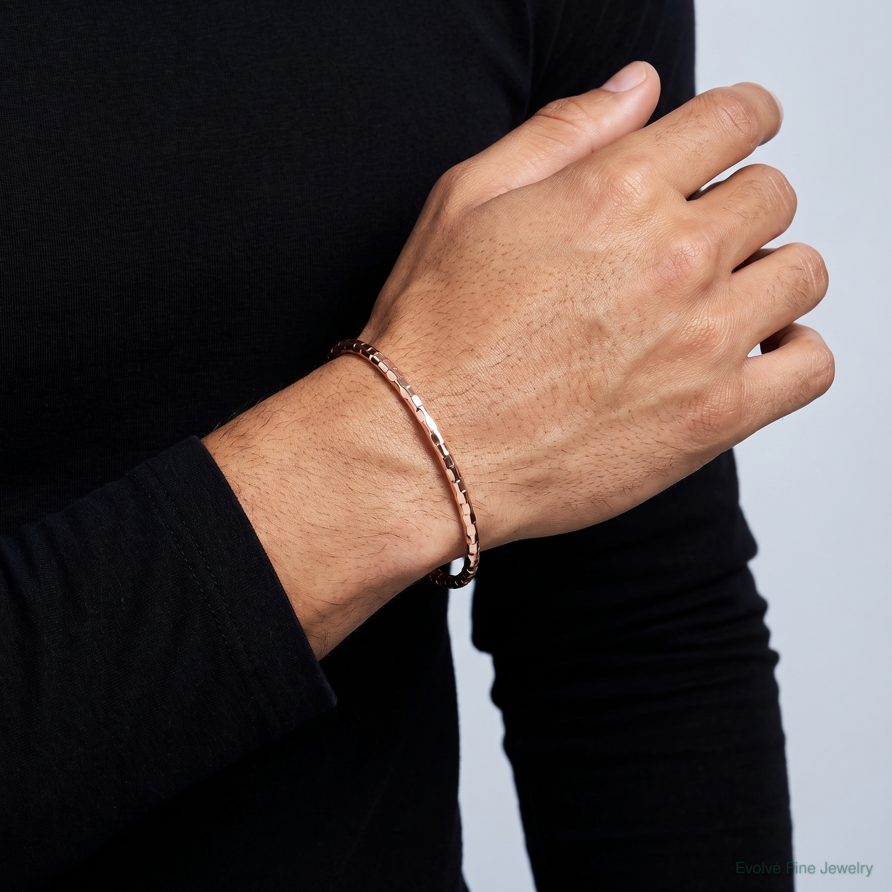 14K Rose Gold Polished Textured Slip-on Bangle Bracelet - Model Shot