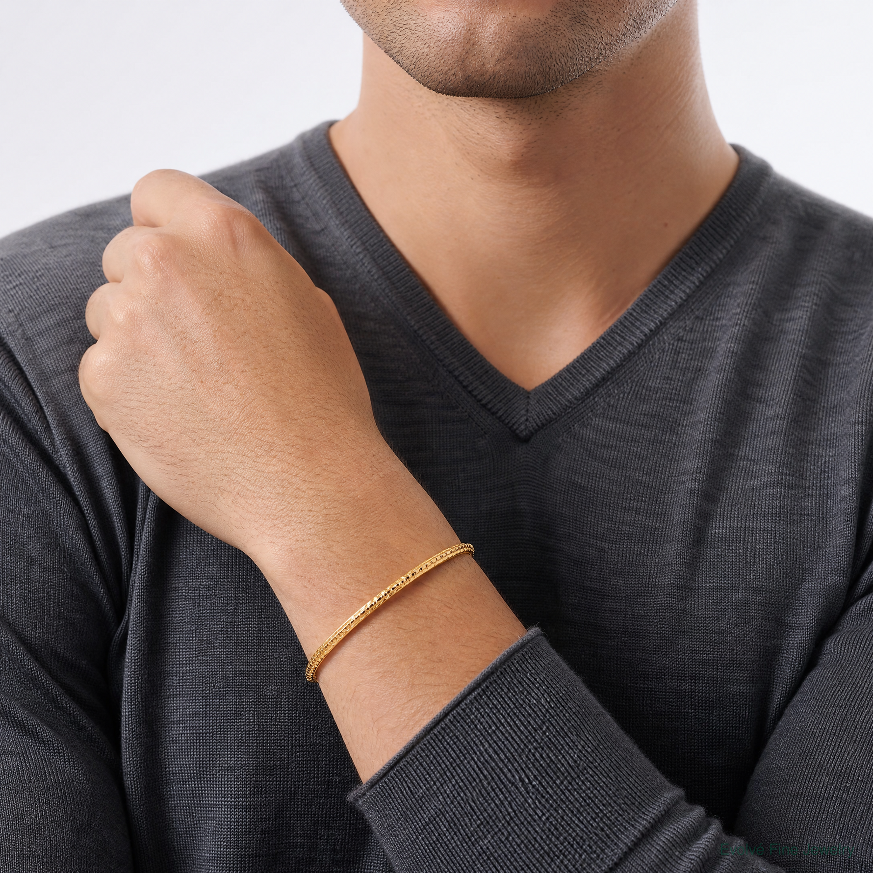 14K Polished and Textured Hinged Bangle Bracelet - Model Shot