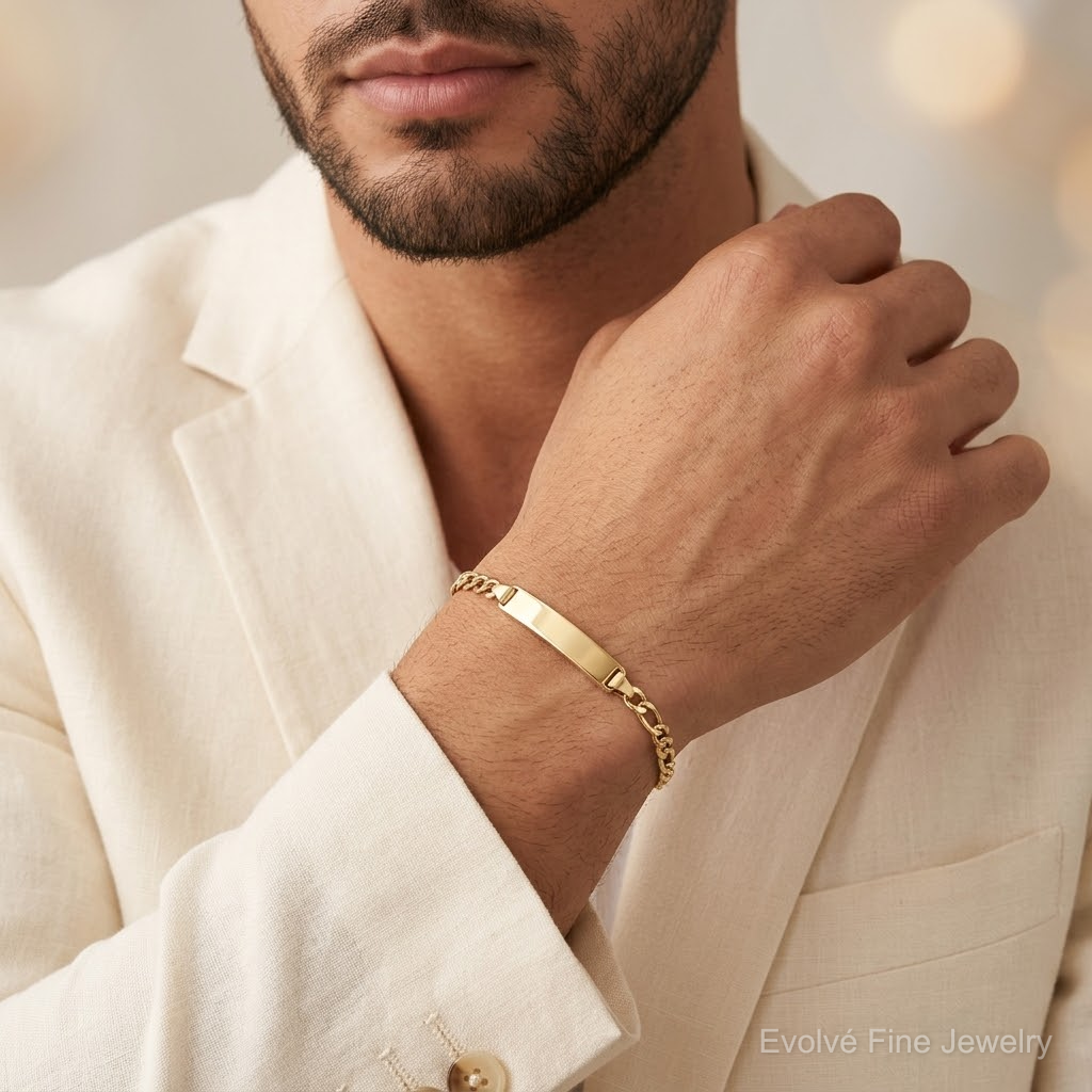 14k Semi-Solid Figaro Link ID Bracelet - Model Shot