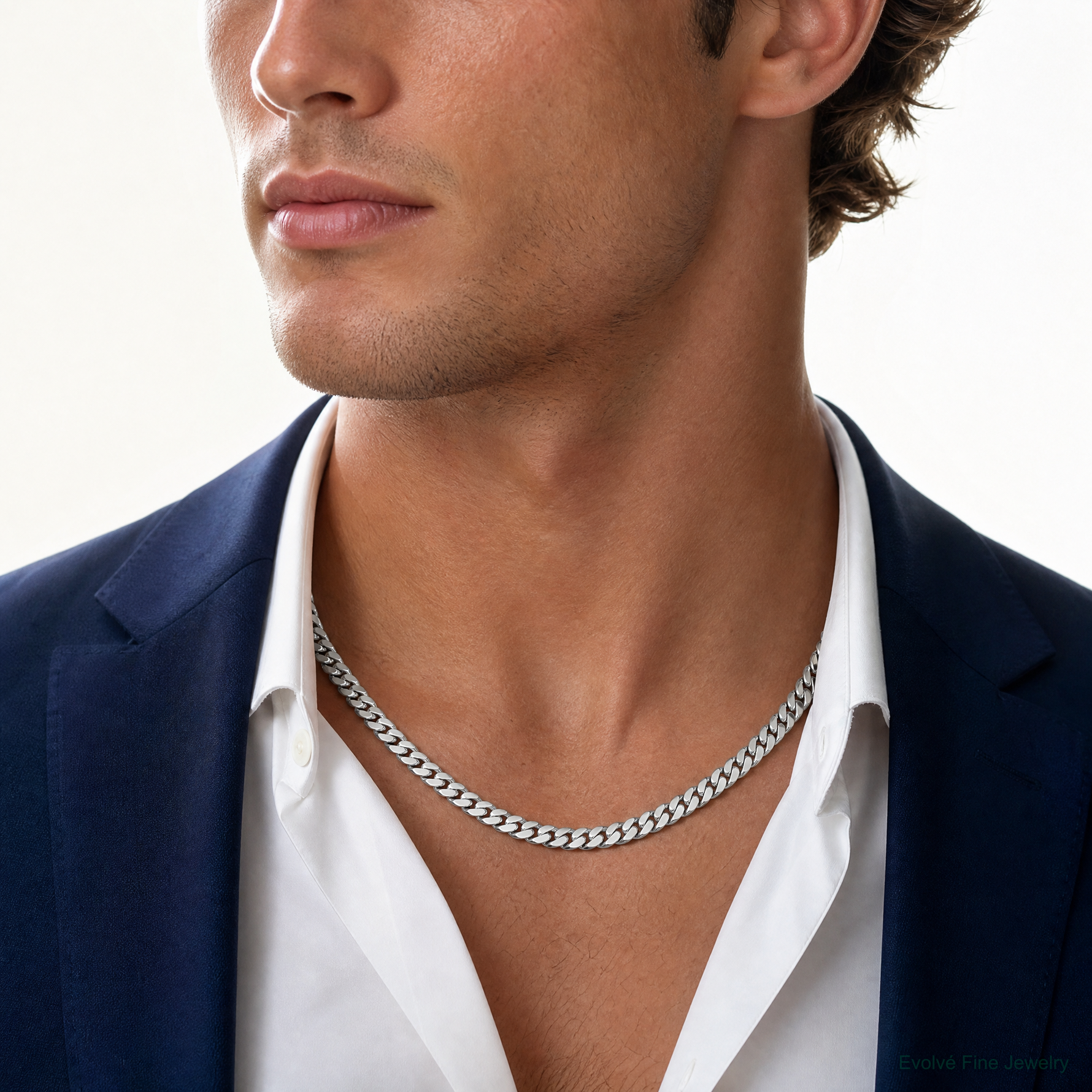 14k White Gold 5mm Solid Miami Cuban Chain - Model Shot