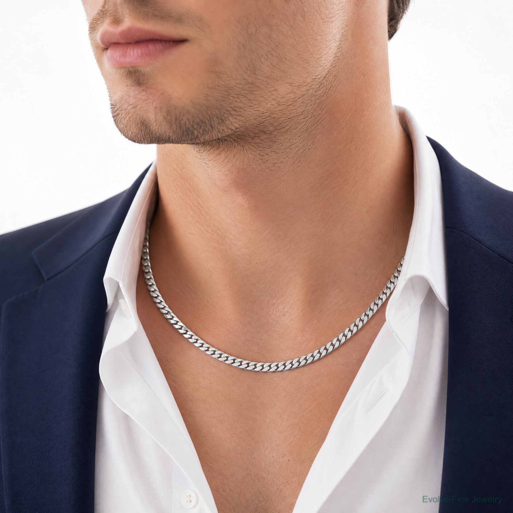 14k White Gold 5.5mm Solid Miami Cuban Chain - Model Shot