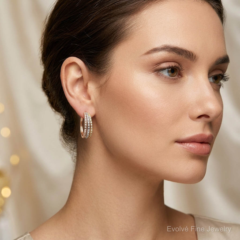 14k Tri-color Diamond Fascination Dia. Dust/Accent Oval 3 Hoop Earrings - Model Shot
