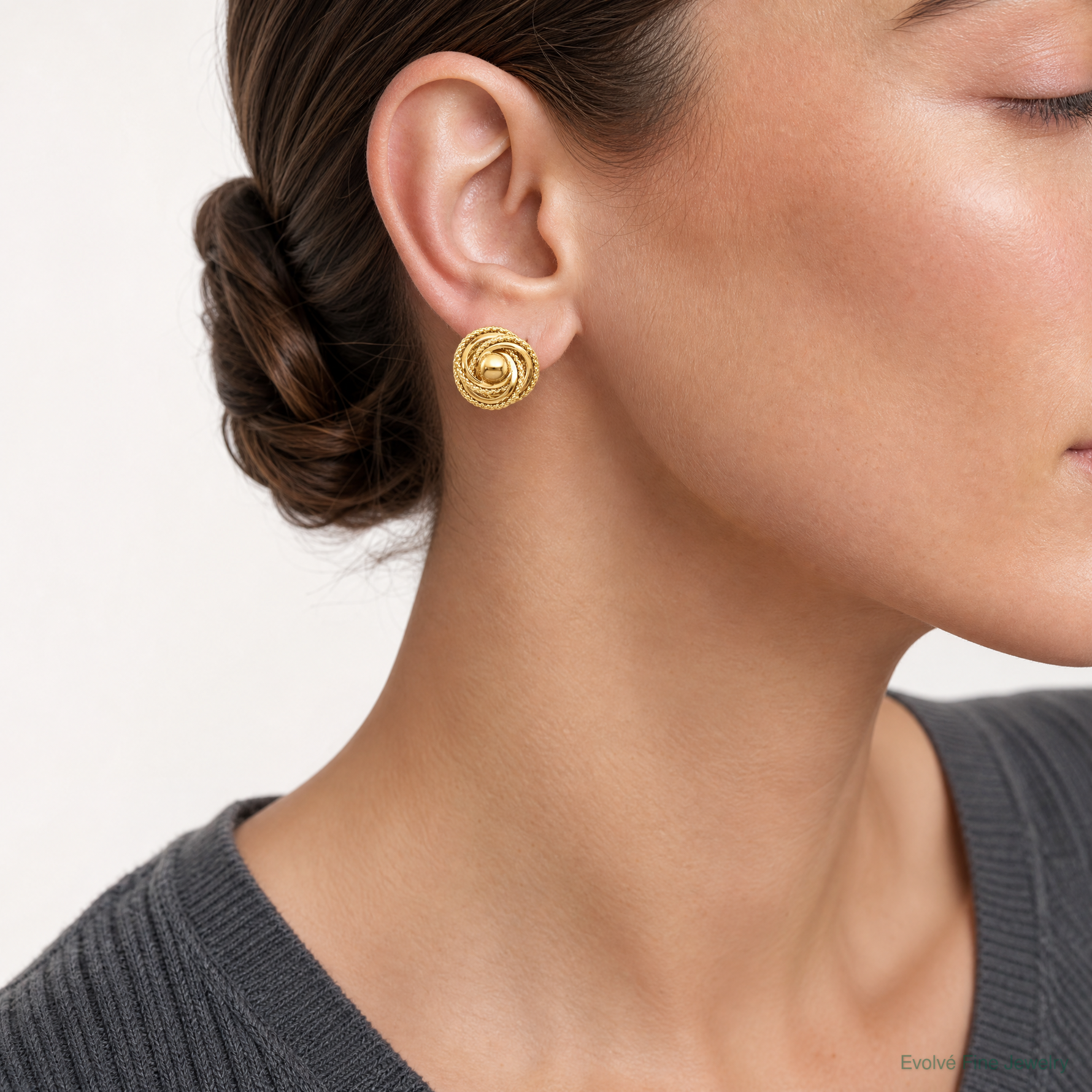 14k Polished & Twisted Fancy Omega Back Post Earrings - Model Shot