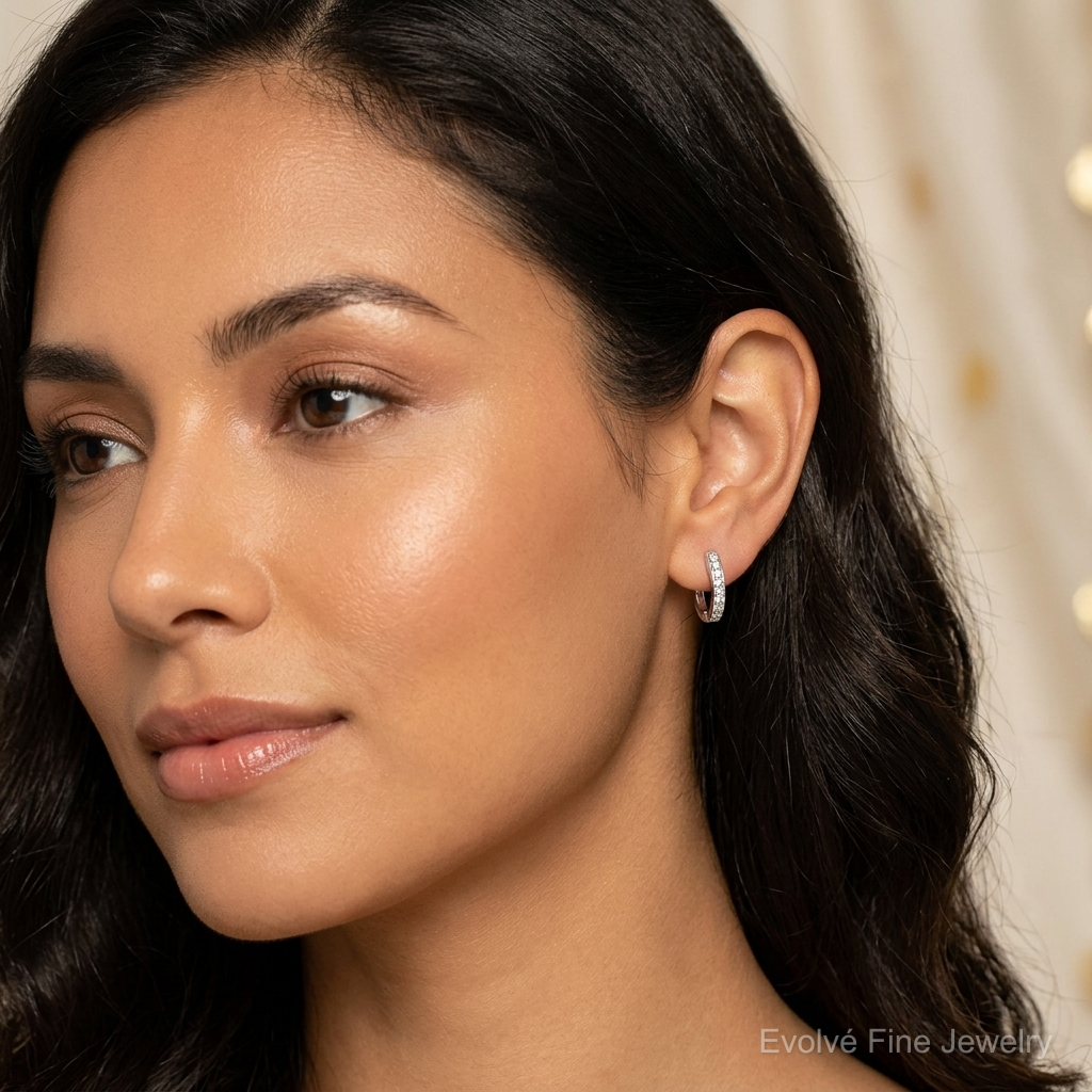 14k White Gold Diamond Hinged Hoop Earrings - Model Shot
