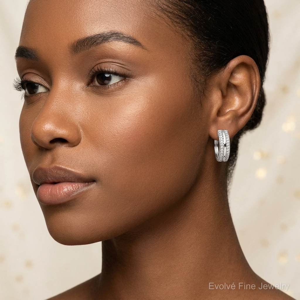 14k White Gold 2-row Diamond Hinged Hoop Earrings - Model Shot
