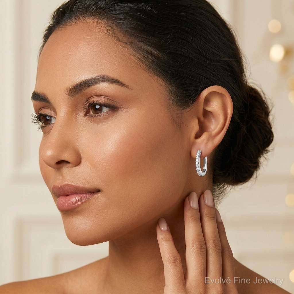 14k White Gold Diamond Hinged Earrings - Model Shot