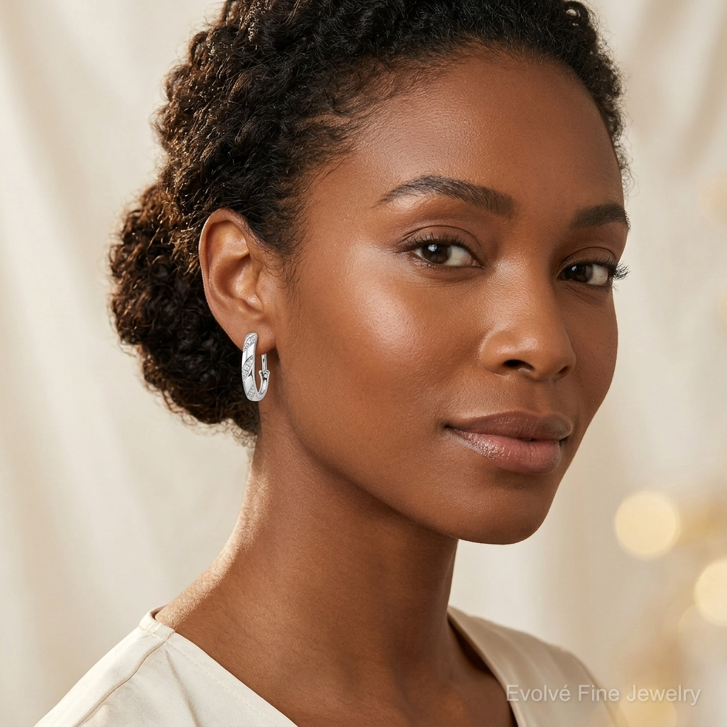14k White Gold Diamond Omega Back Earrings - Model Shot