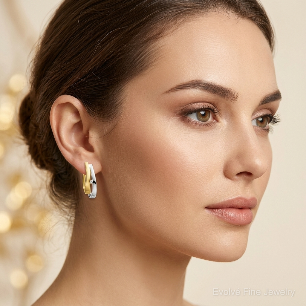 14k Yellow Gold With White Rhodium Diamond Hinged Hoop Earrings - Model Shot