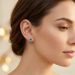 14k White Gold Blue/White Diamond Cluster Post Earrings - Model Shot