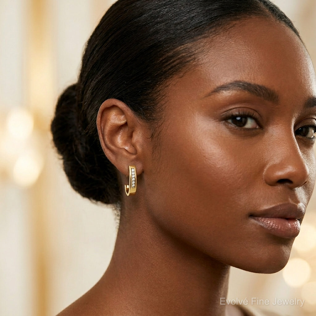 14k Diamond J-Hoop Post Earrings - Model Shot