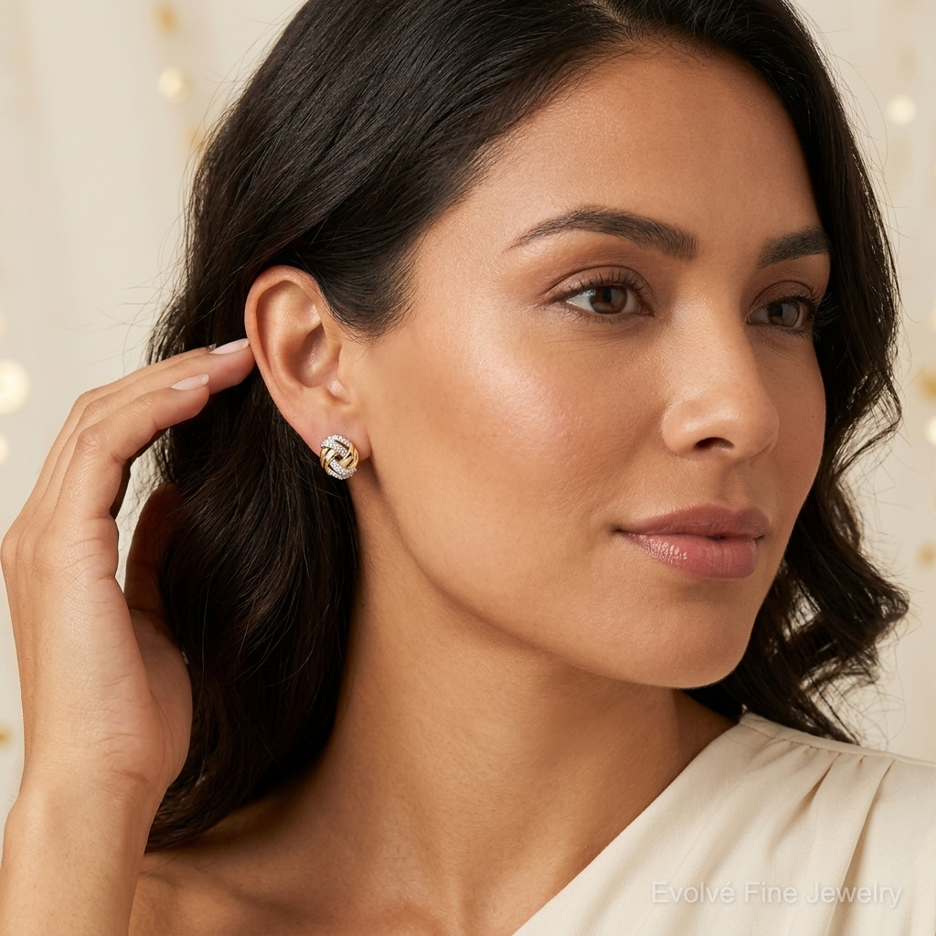 14k Diamond w/Rhodium Accents Round Post Earrings - Model Shot