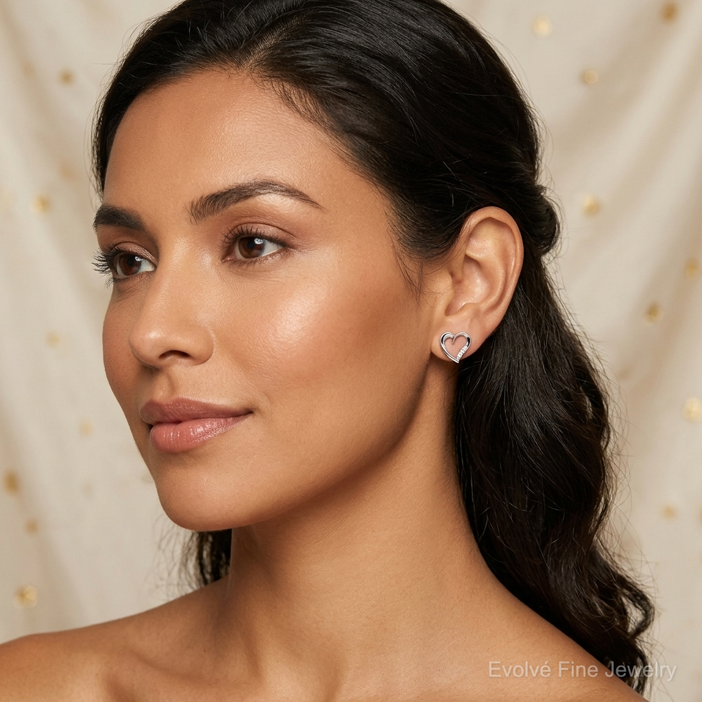 14k White Gold Diamond Heart Earrings - Model Shot