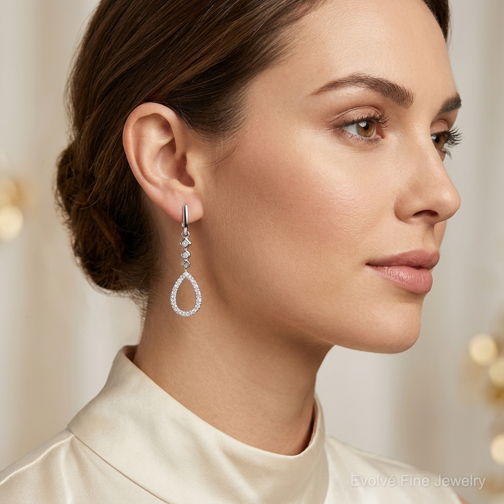 14k White Gold Diamond Teardrop Earrings - Model Shot