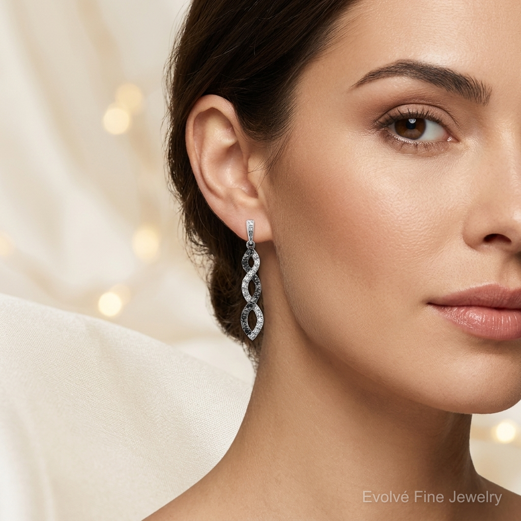 14k White Gold Black and White Diamond Twisted Post Earrings - Model Shot