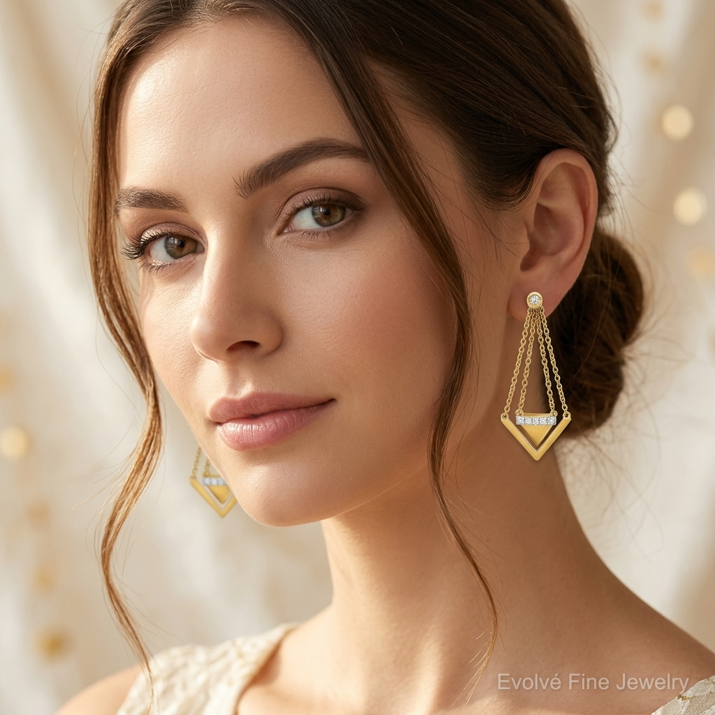 14k Satin/Polished Diamond Triangle Chain Dangle Post Earrings - Model Shot