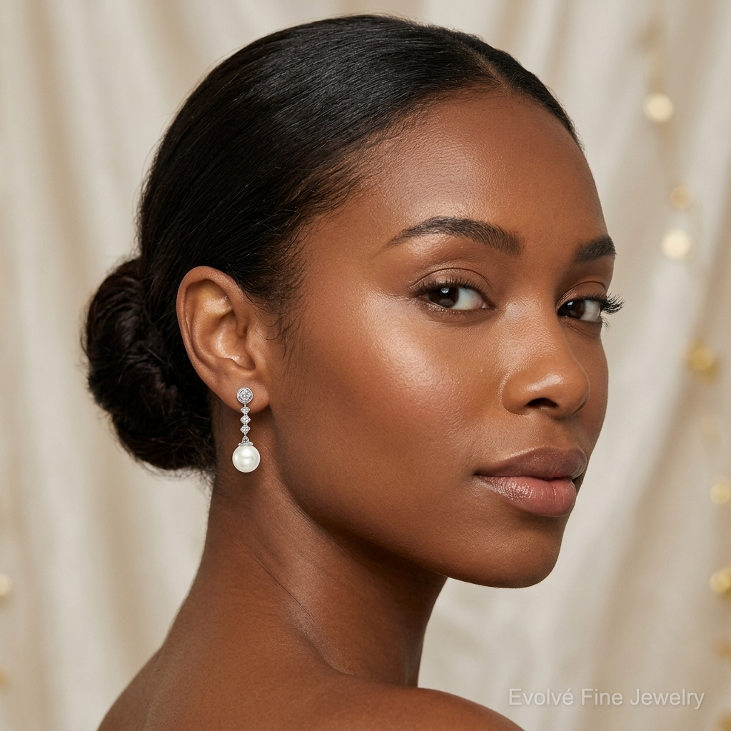 14k White Gold Freshwater Cultured Pearl & Diamond Post Earrings - Model Shot