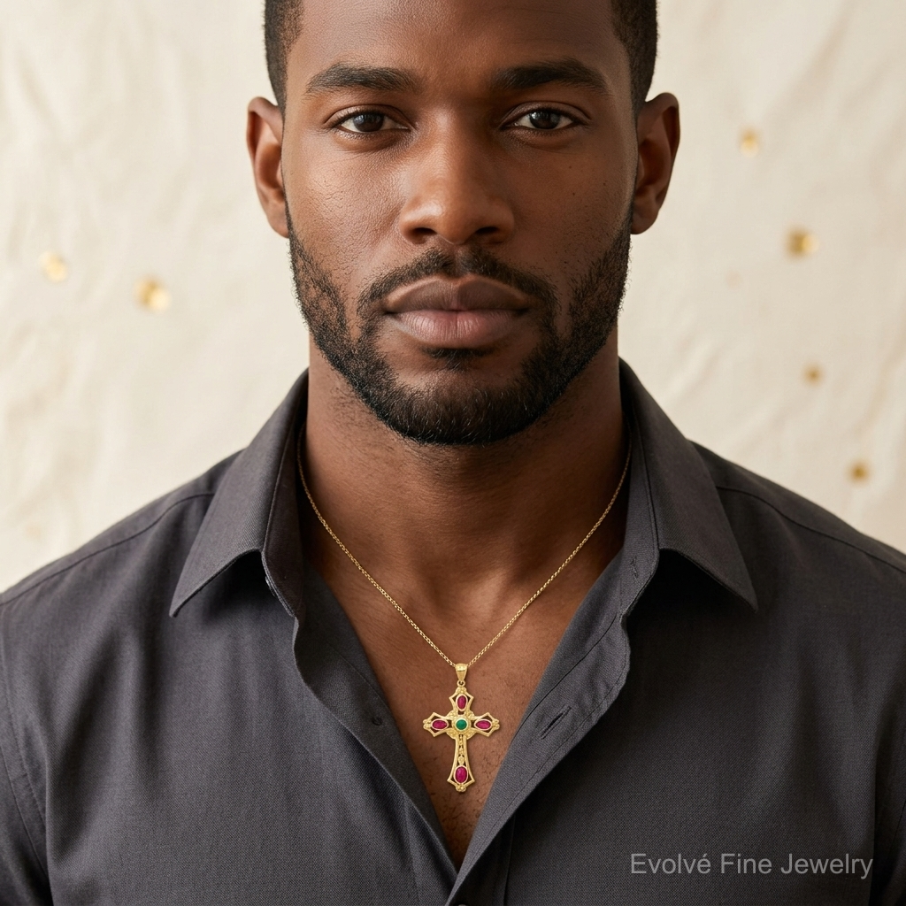 14K Ruby and Emerald Cabochon Cross Pendant - Model Shot