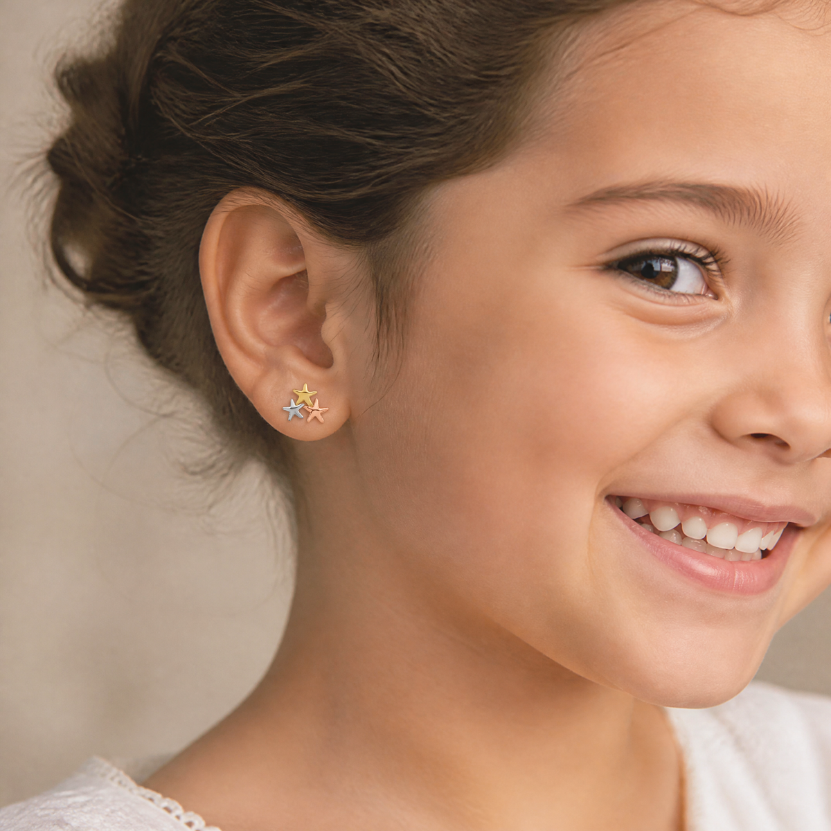 14k Madi K with Rose and White Rhodium Polished Stars Post Earrings - Model Shot