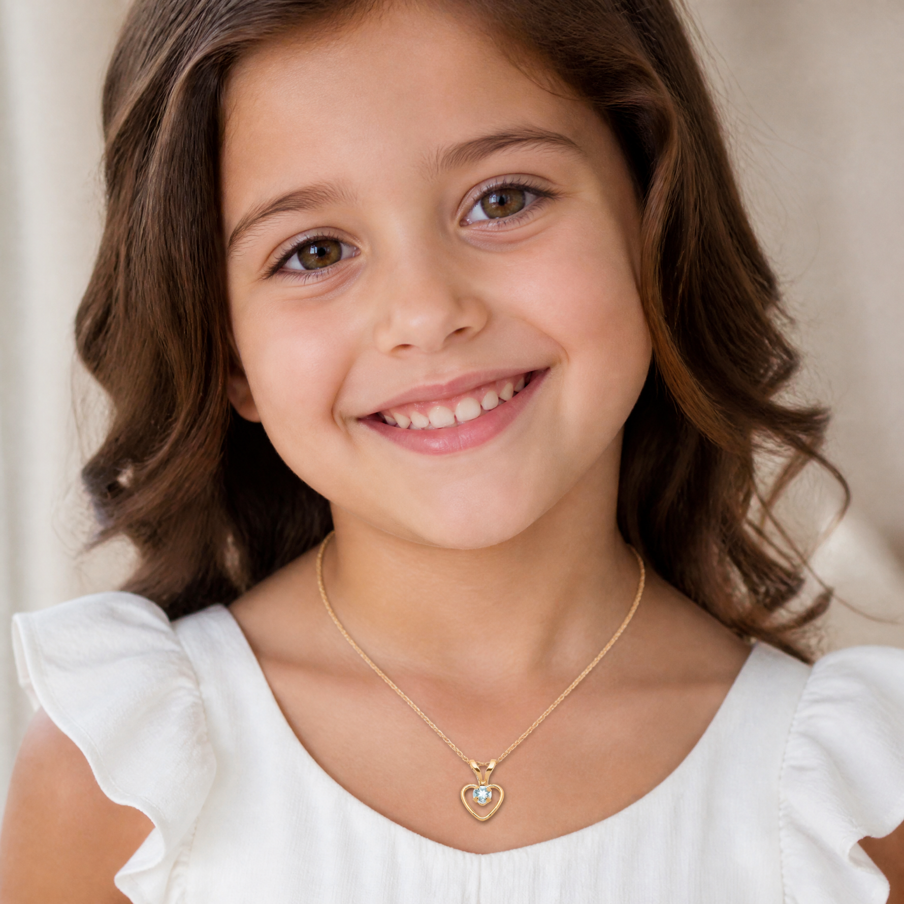 14k Madi K 3mm Aquamarine Heart Birthstone Necklace - Model Shot