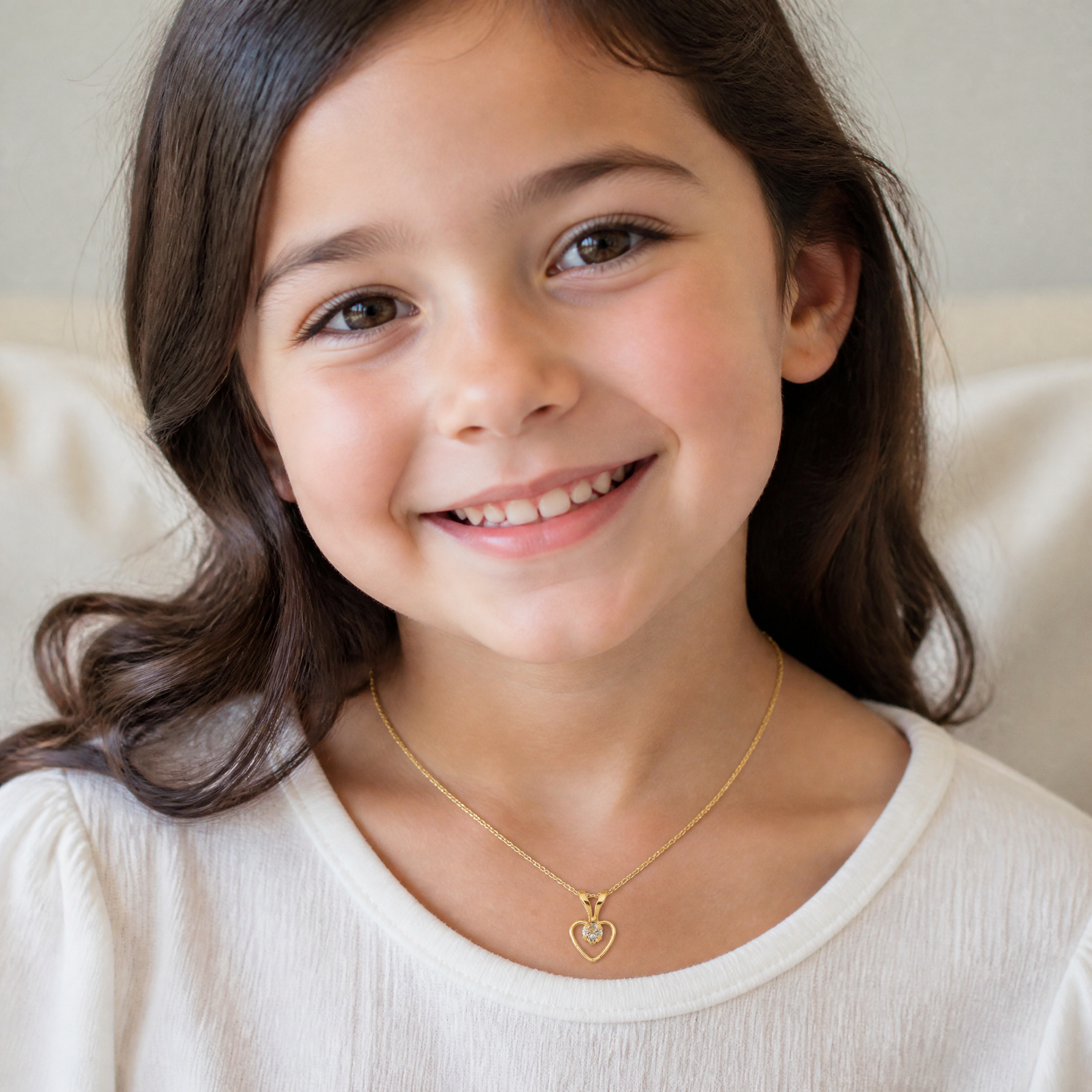14k Madi K 3mm White Zircon Heart Birthstone Necklace - Model Shot