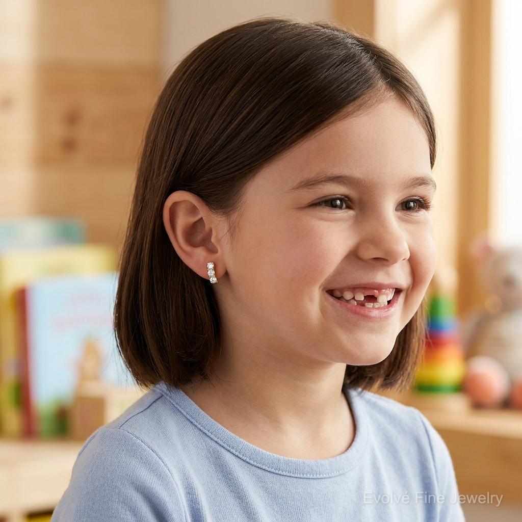 14k Madi K CZ Children's Three Stone Post Earrings - Model Shot