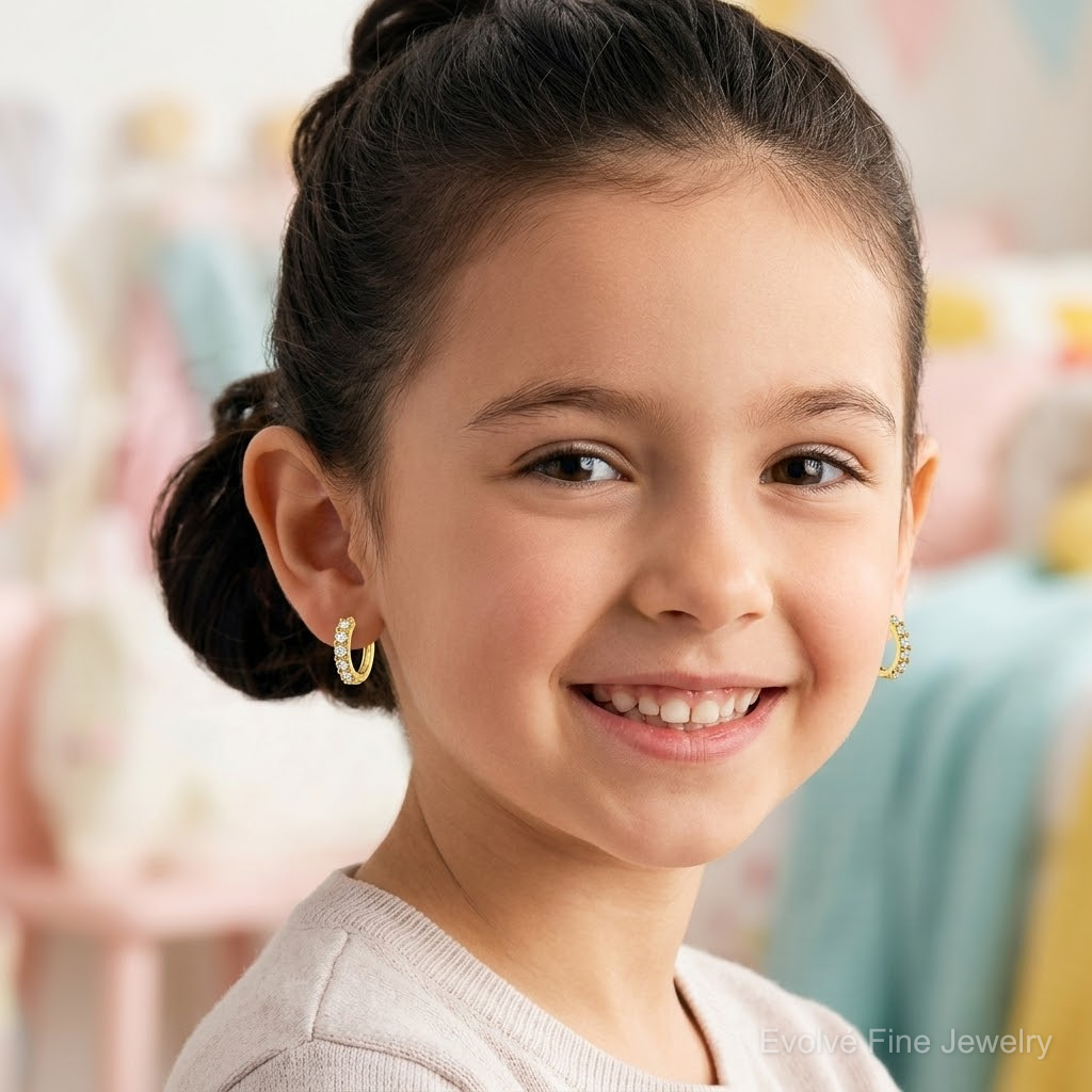 14k Madi K CZ Children's Hinged Hoop Earrings - Model Shot