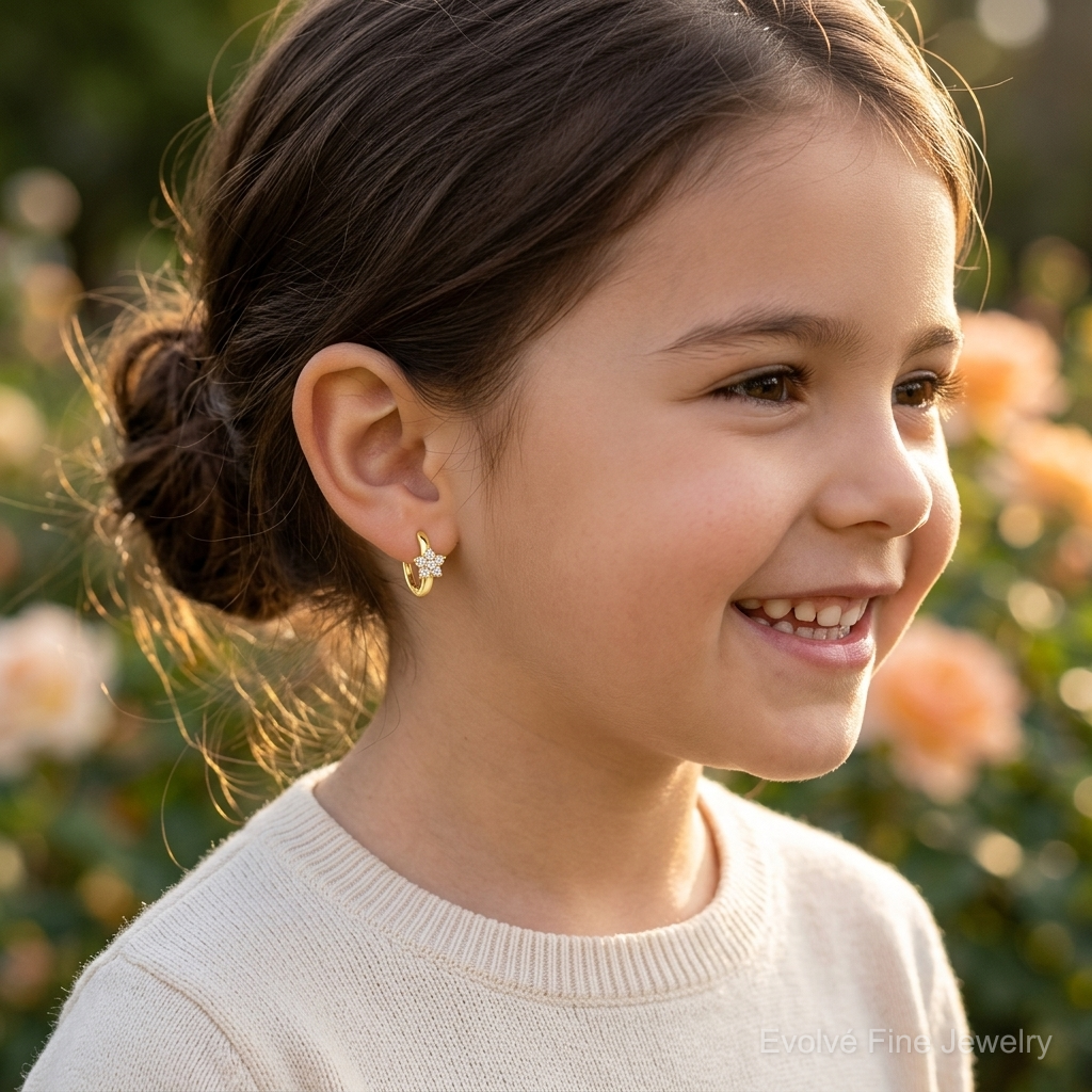 14k Madi K CZ Children's Flower Hinged Hoop Earrings - Model Shot