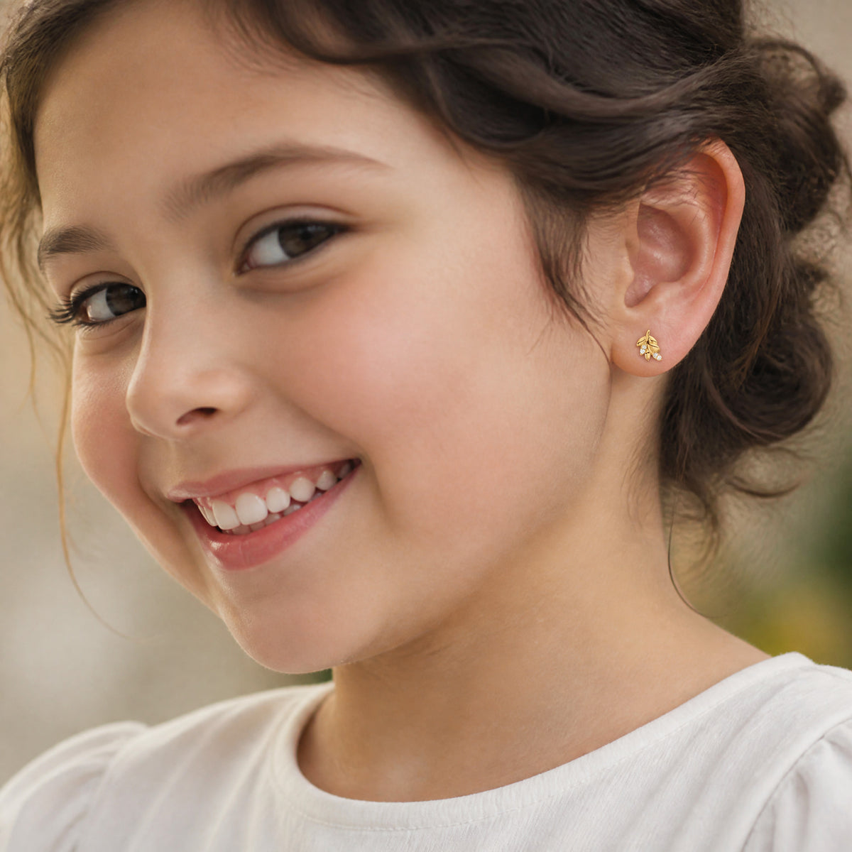 14k Madi K Kids CZ Fern Leaf Post Earrings - Model Shot