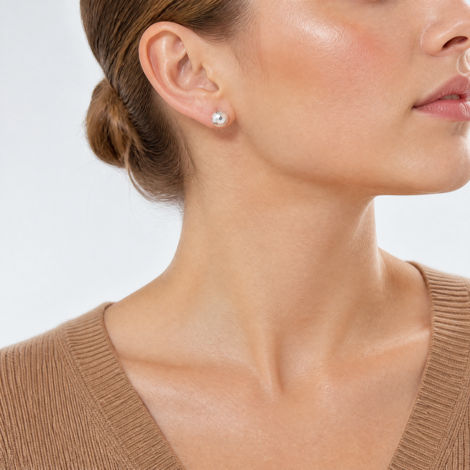 14K White Gold Polished Diamond Cut 7MM Ball Post Earrings - Model Shot