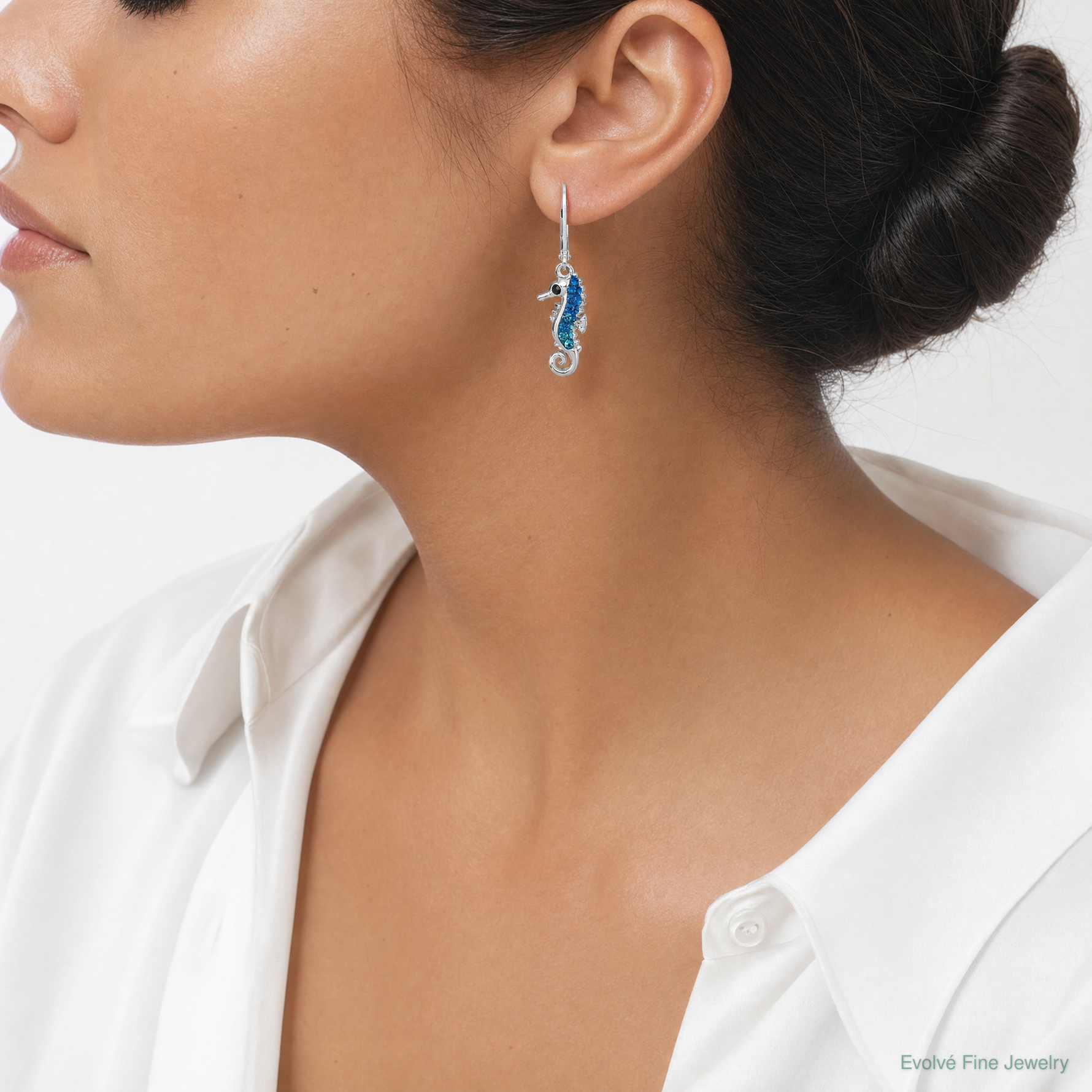Sterling Silver Rhodium-plated Polished Crystal Seahorse Dangle Earrings - Model Shot