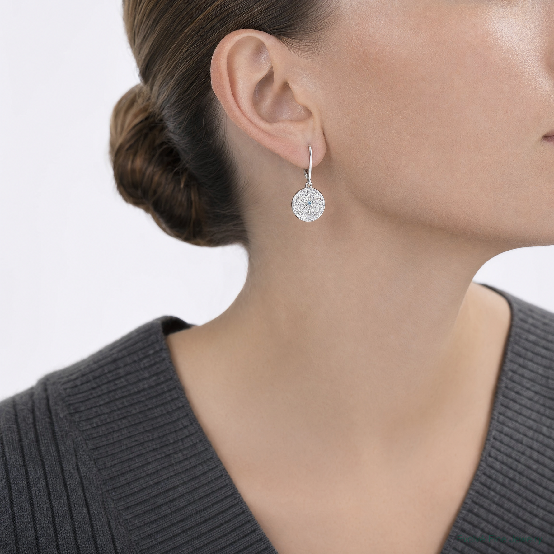 Sterling Silver Rhodium-Plated Polished Crystal Sand Dollar Dangle Earrings - Model Shot