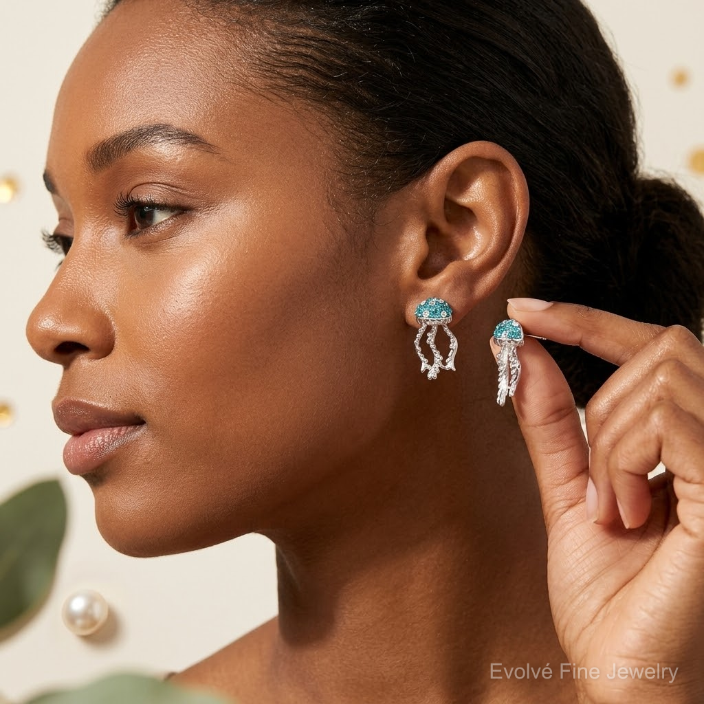 Sterling Silver Rhodium-plated Polished Crystal Jellyfish Post Earrings - Model Shot
