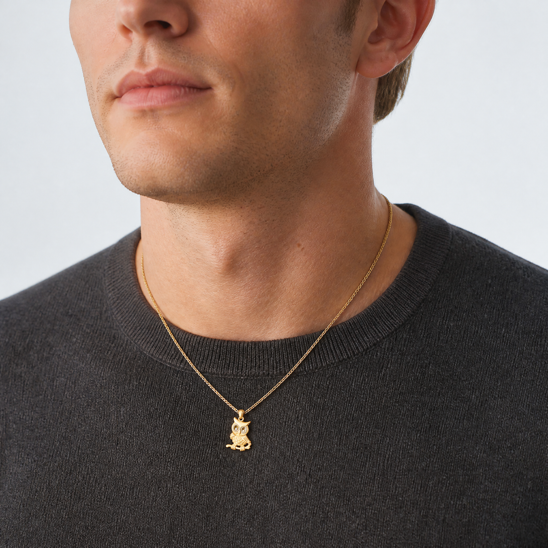 14k & Rhodium Polished & Textured Owl Pendant - Model Shot
