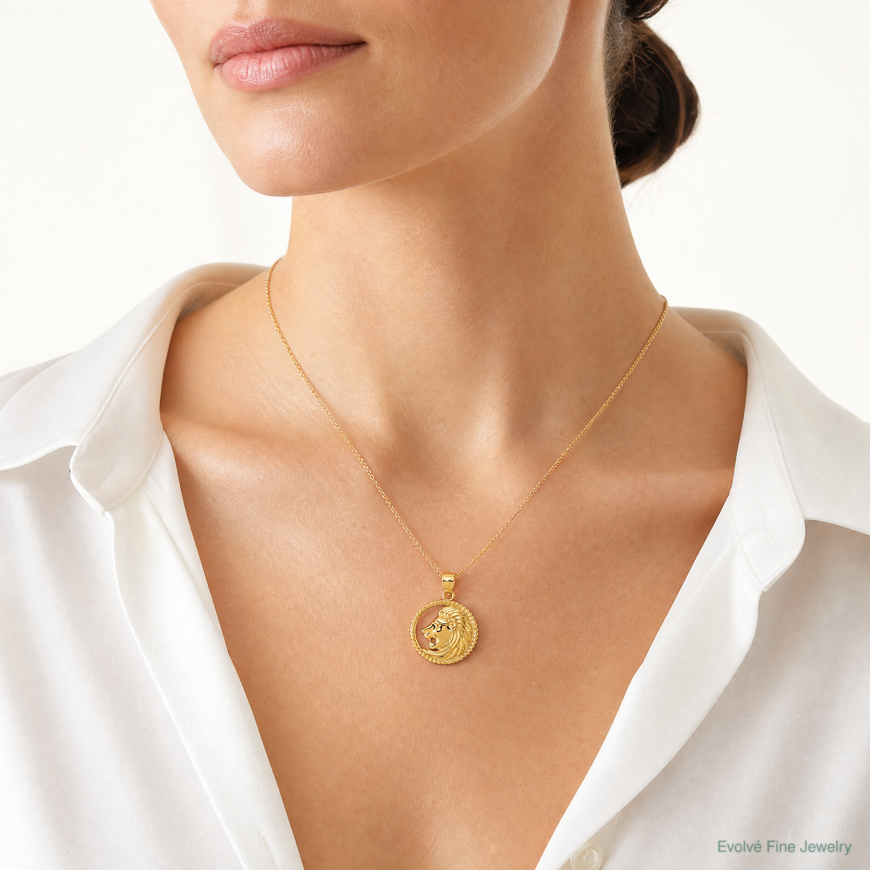 14k Polished Lion with Mane Circle Pendant - Model Shot