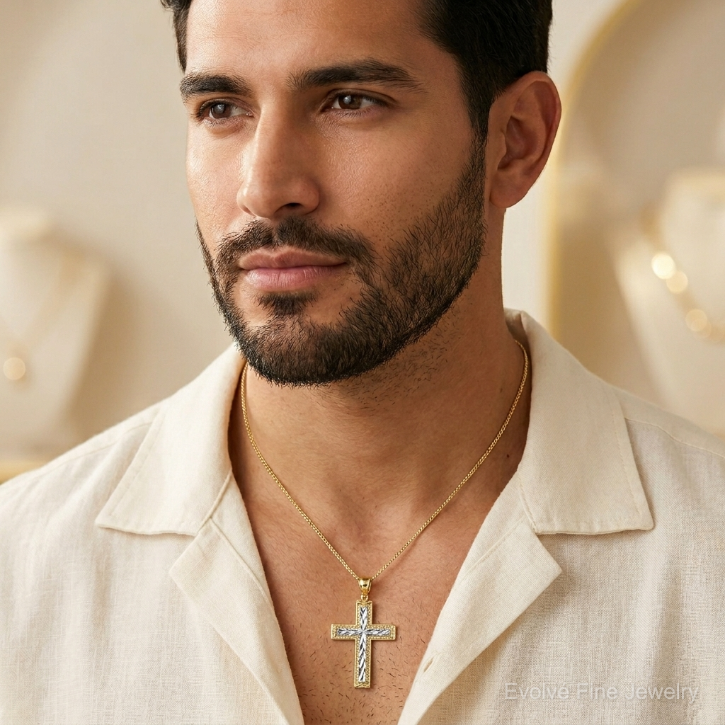 14k Polished w/Rhodium Diamond-cut Textured Fancy Cross Pendant - Model Shot