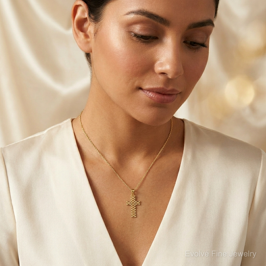 14k Polished Diamond-cut Textured Fancy Link Cross Pendant - Model Shot