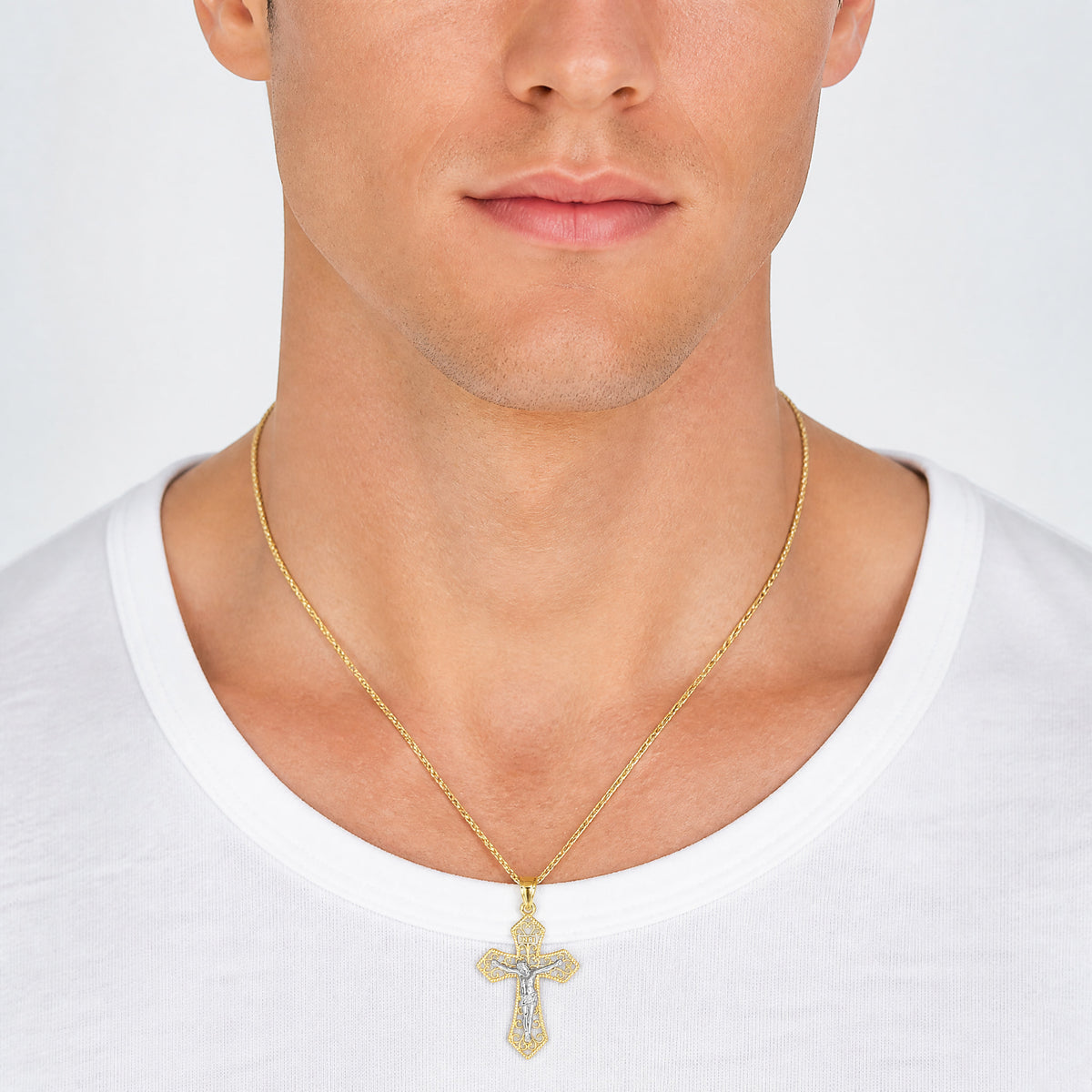 14k Two-tone Polished and Beaded Fancy Crucifix Pendant - Model Shot