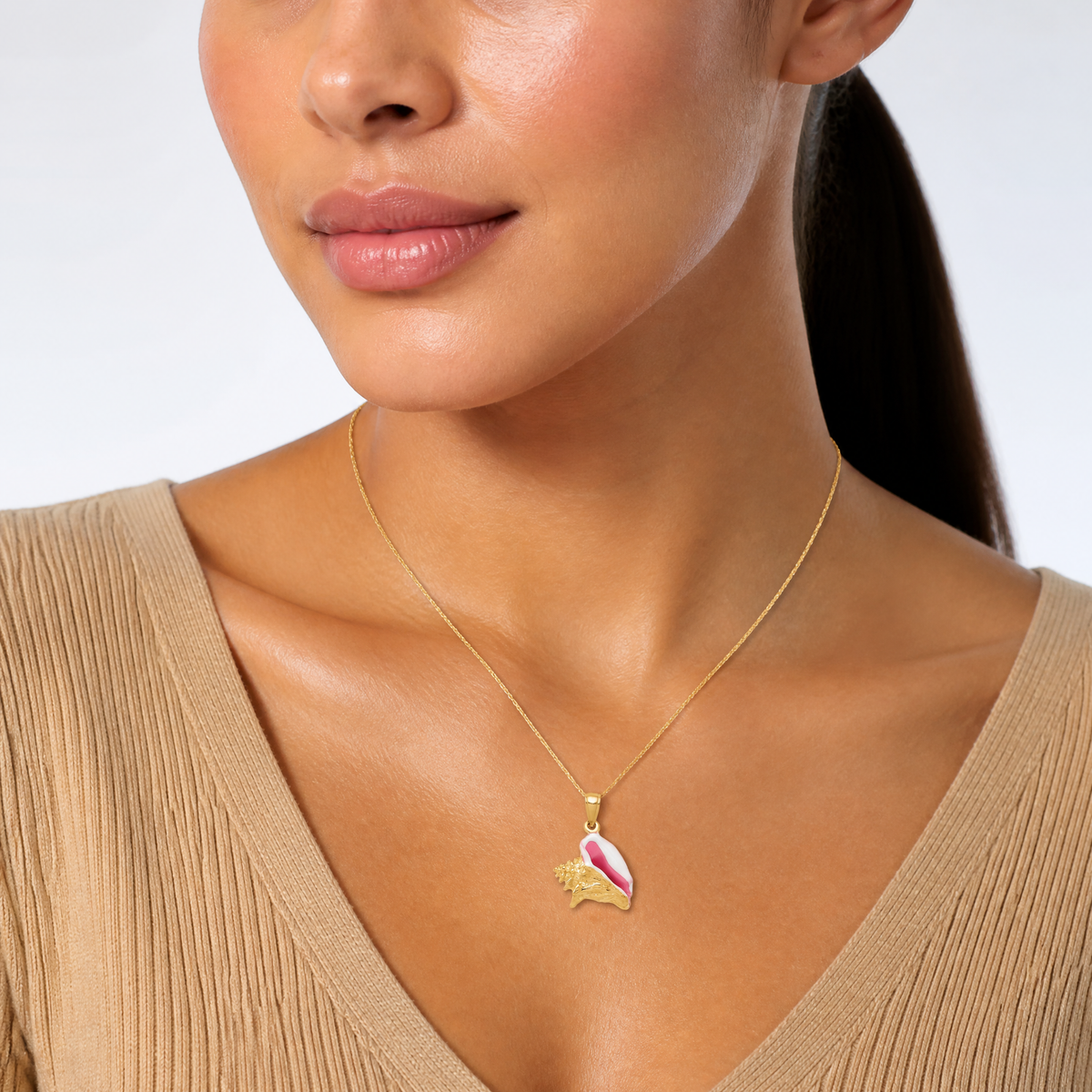 14K Polished 3-D Pink and White Enameled Conch Shell Pendant - Model Shot