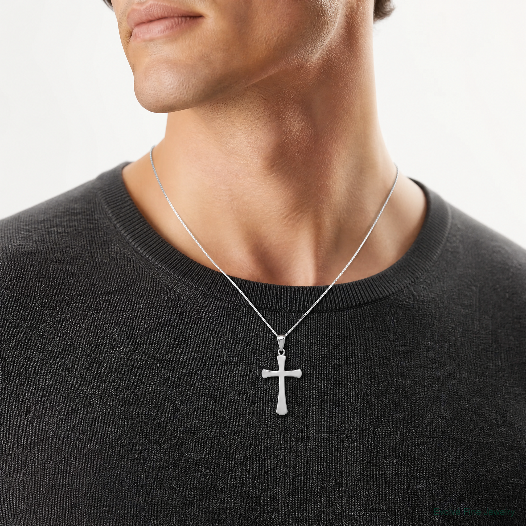 14k White Gold Hollow Cross Pendant - Model Shot