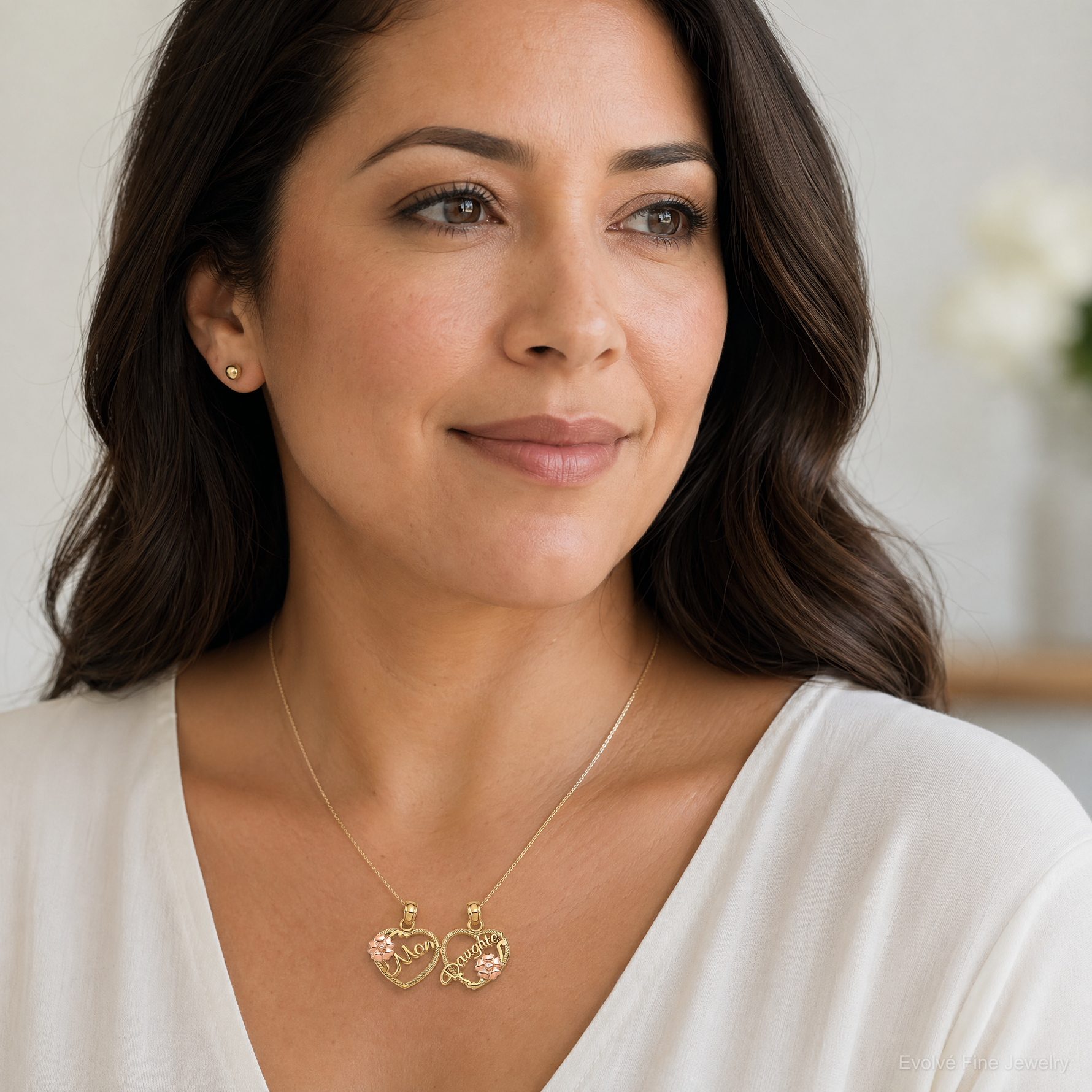 14k Two-tone MOM - DAUGHTER Break-apart Hearts Pendant - Model Shot